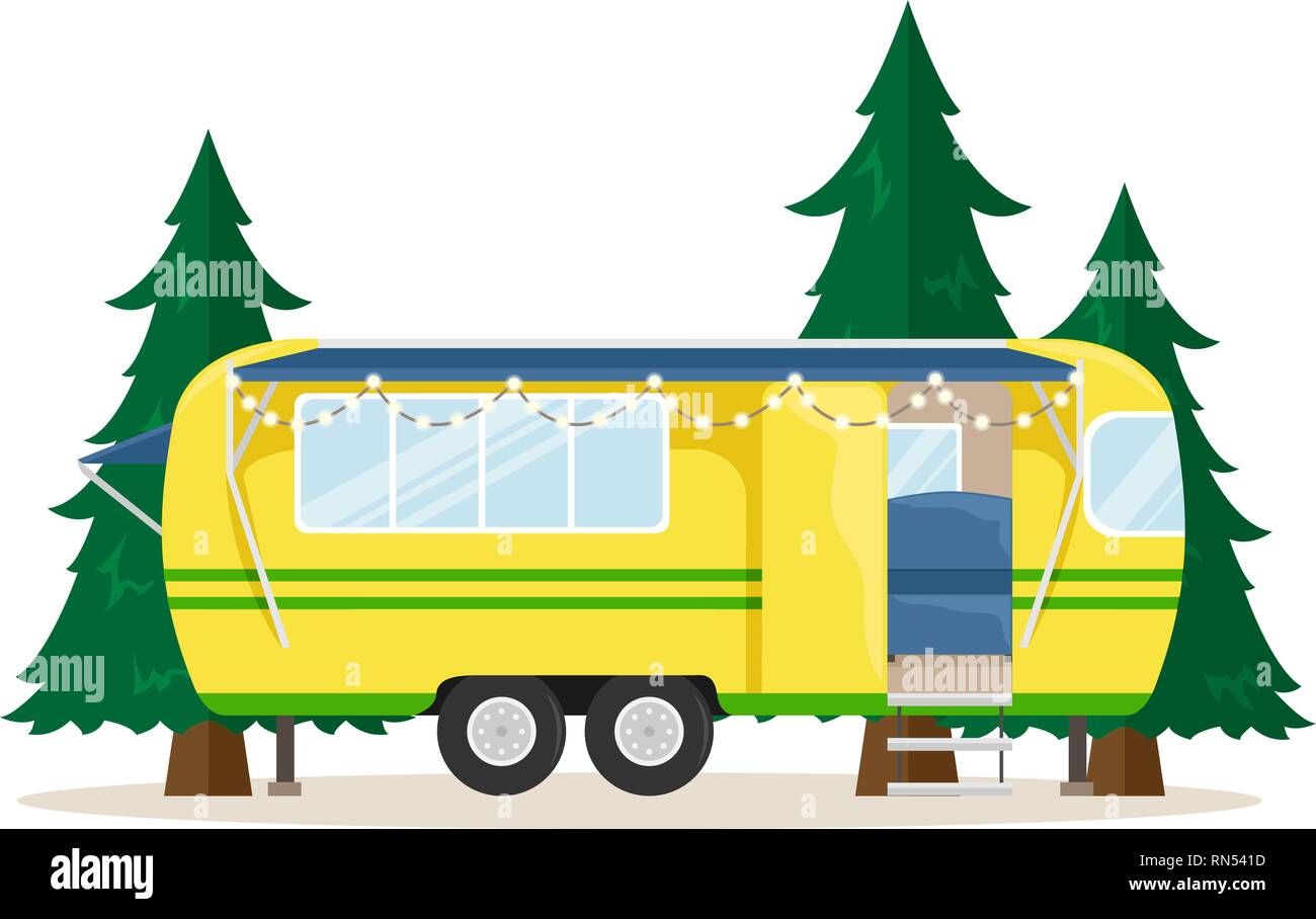 Retro Haus auf Rädern für unterwegs. Reisen mit dem Auto. Vektor flachbild Abbildung. Reisemobil mit Beleuchtung. Stock Vektor