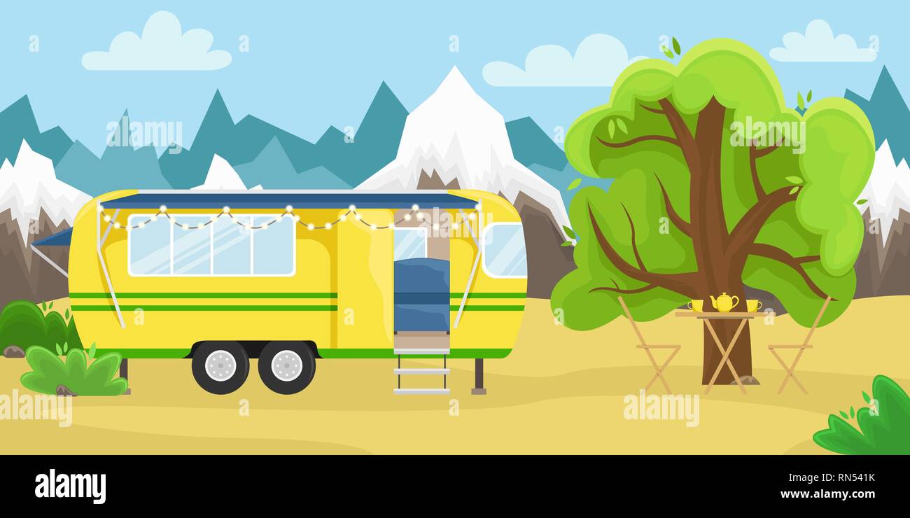 Retro Haus auf Rädern für unterwegs. Reisen mit dem Auto. Vektor flachbild Abbildung. Reisemobil in die Berge. Stock Vektor