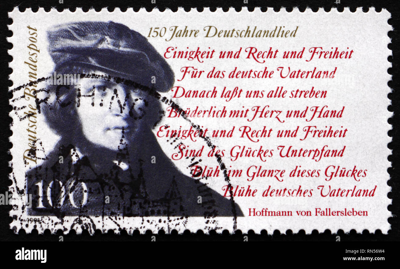 Deutschland - ca. 1991: einen Stempel in Deutschland bedruckt zeigt August Heinrich Hoffmann von Fallersleben, deutscher Dichter, Verfasser der Nationalhymne von Ge Stockfoto