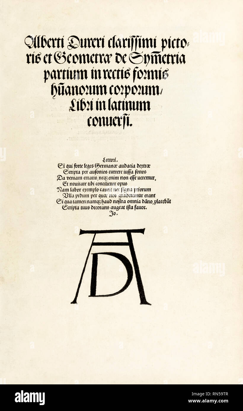 Titel Seite mit Durer Holzschnitt Monogramm von 'Hierinn Sindh begriffen Vier Bücher von menschlicher Proportion' von Albrecht Dürer (1471-1528) eine Arbeit über den Anteil des menschlichen Körpers, die erstmals in 1528 veröffentlicht. Stockfoto