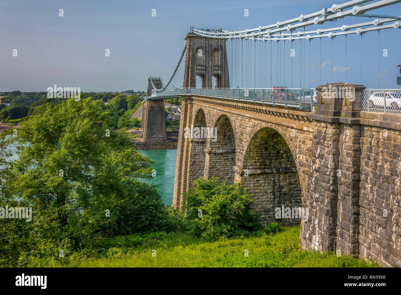 Telford Menai Hängebrücke Bangor Nord-Wales. Stockfoto