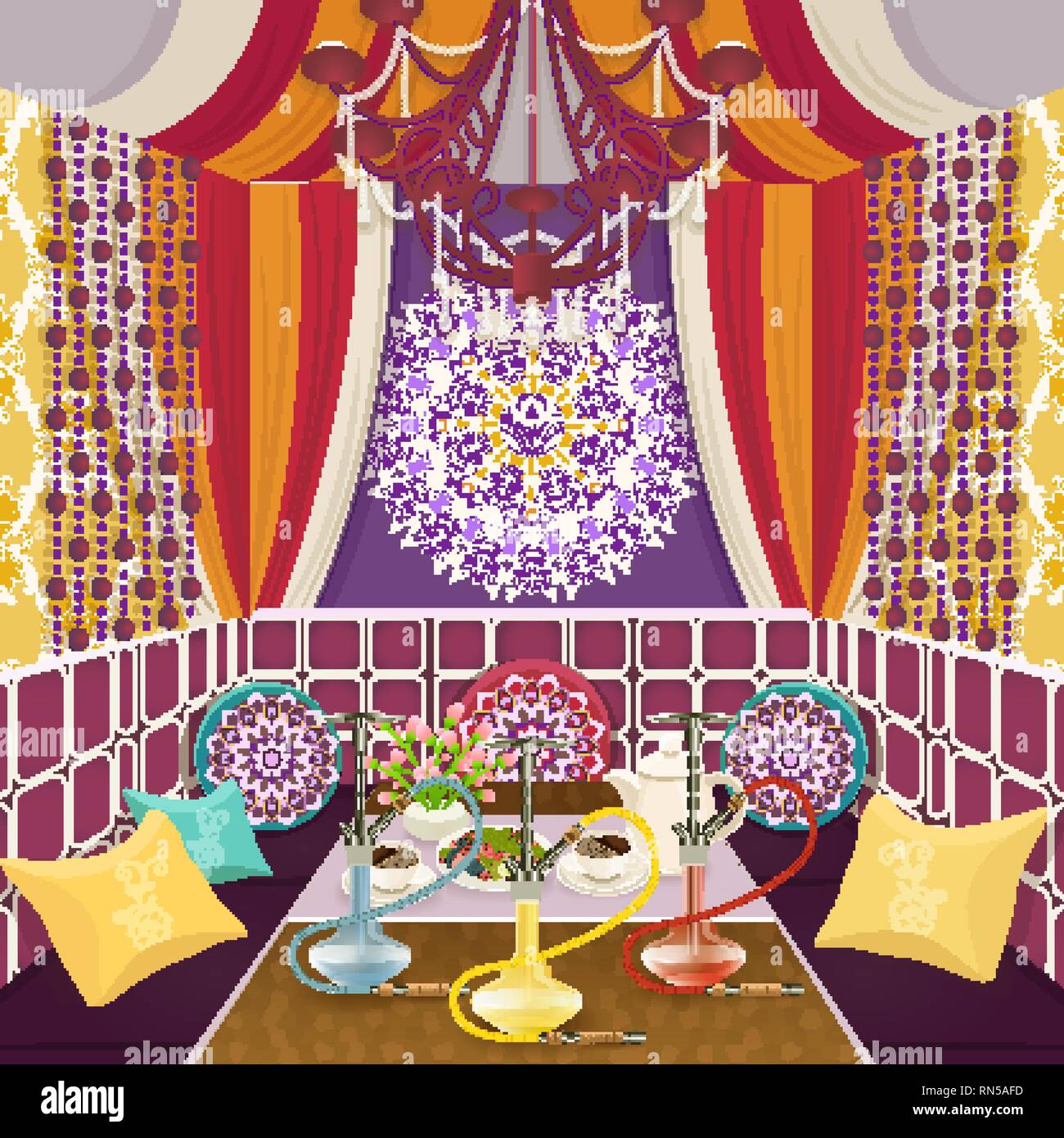 Shisha Zimmer verzierten im orientalischen Stil eingerichtet, Zeichnung, Vector Illustration. Hell Grün Zimmer mit Sofa mit Kissen, dekoriert mit Muster Stock Vektor