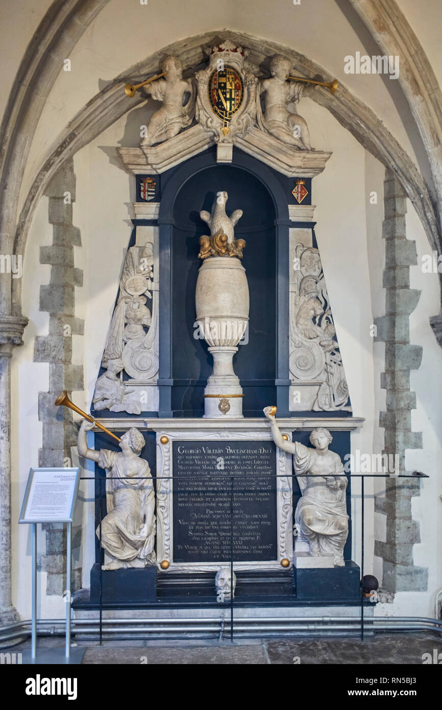 Denkmal in Portsmouth Kathedrale zu George Villiars, Herzog von Buckingham, die in der Hohen Straße 1628 in der Nähe von John felton ermordet wurde. Stockfoto
