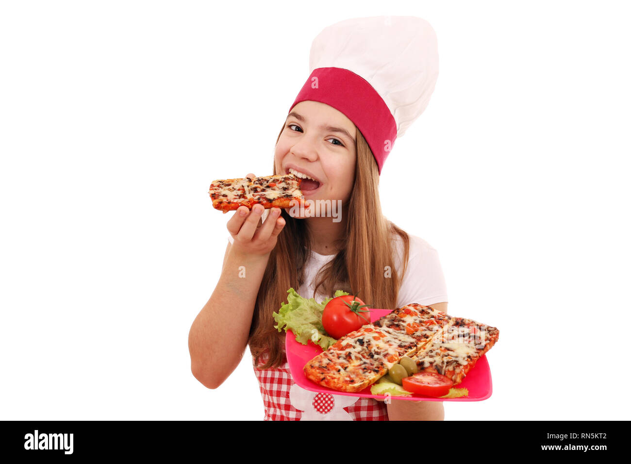 Hungrige Mädchen kochen isst Sandwich Stockfoto