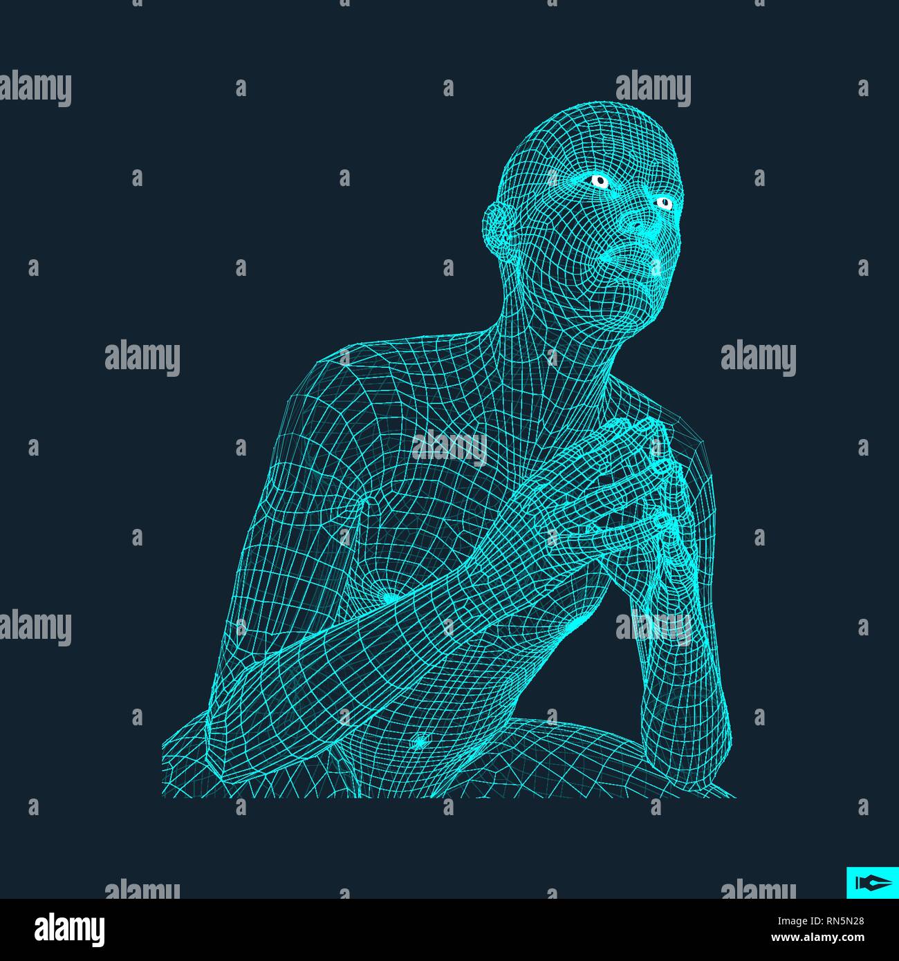 Mann in einem Denker darstellen. 3D-Modell des Menschen. Geometrischen Design. Menschliche Körper Kabel Modell. Wirtschaft, Wissenschaft, Psychologie oder Philosophie Vektor Illustration. Stock Vektor