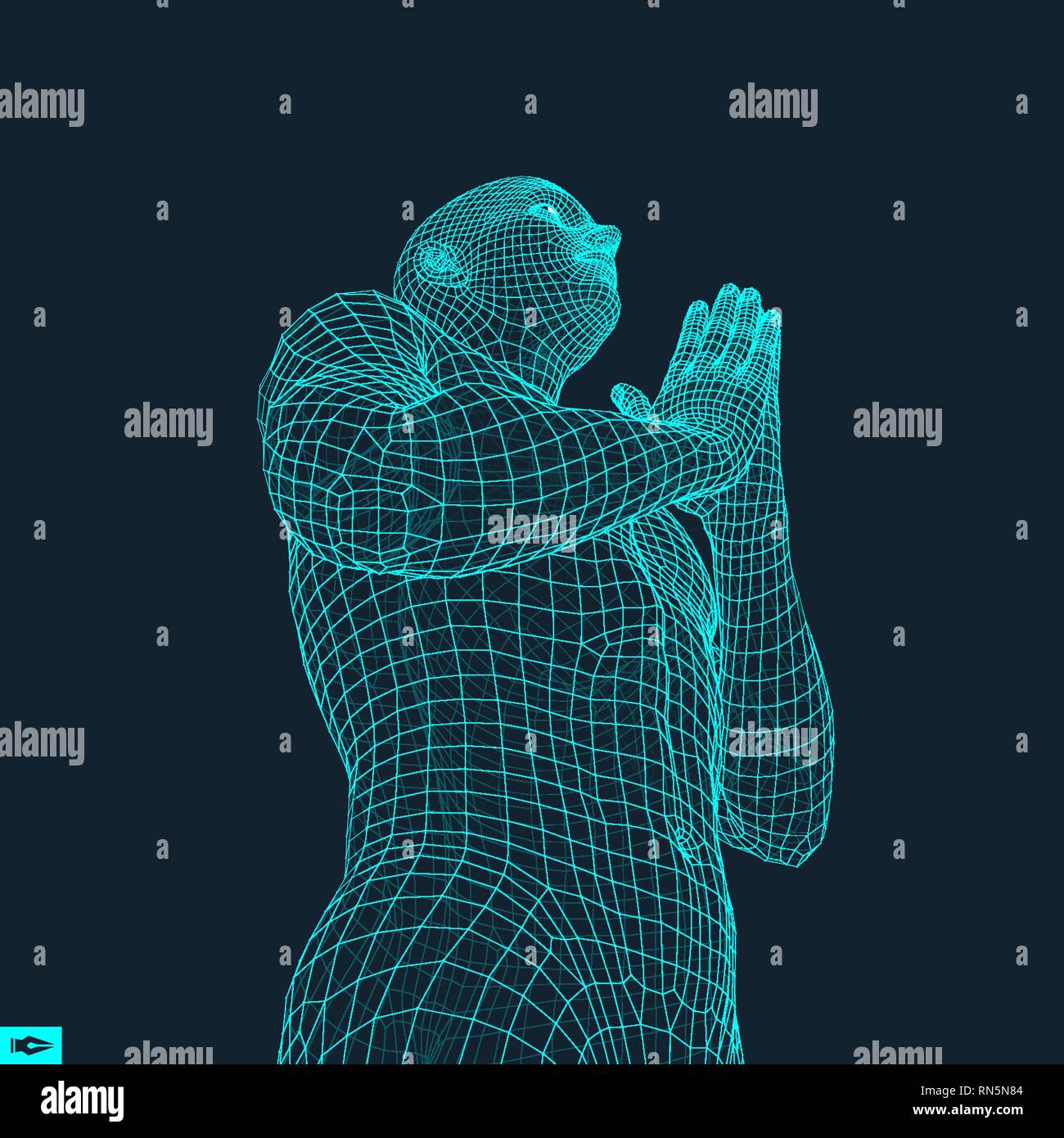 3D-Modell des Menschen. Der Mensch, der betet. Konzept für Religion, Gottesdienst, Liebe und Spiritualität. Vector Illustration. Stock Vektor