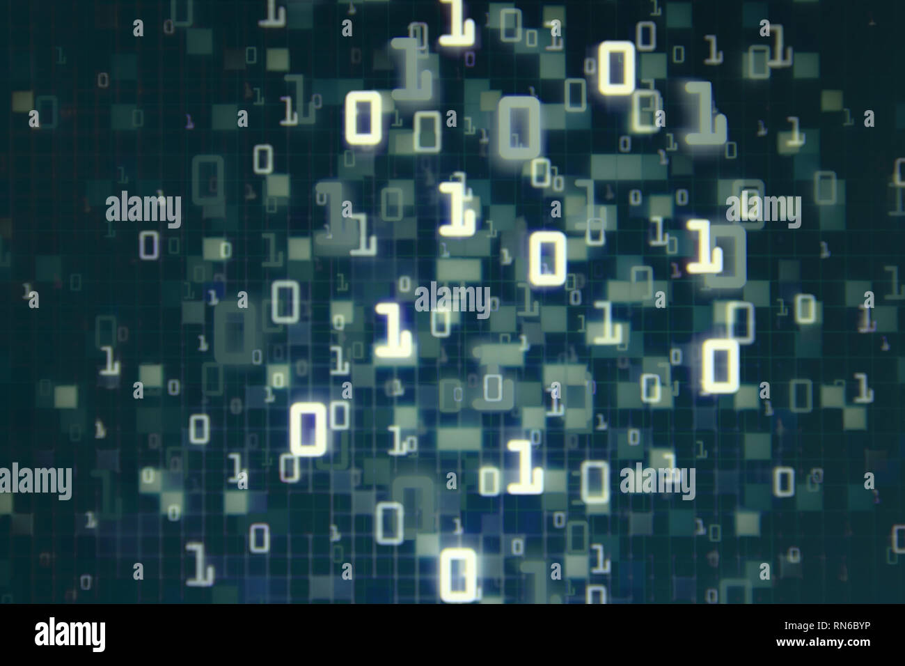 Matrix futuristischen Raum Thema mehrfachbelichtung binäre Zahlen nach unten bewegt von der Oberseite des Rahmens auf blauen und schwarzen Hintergrund. Blaue Pixel für Co Stockfoto