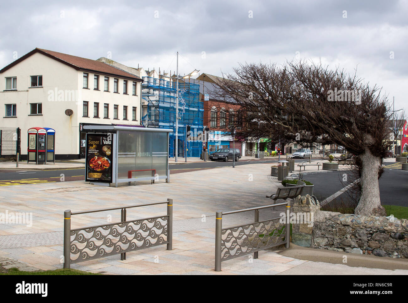 14. Dezember 2018 Eine alte widswept Baum auf der Hauptstraße vor dem Rathaus in Newcastle, County Down Nordirland Stockfoto