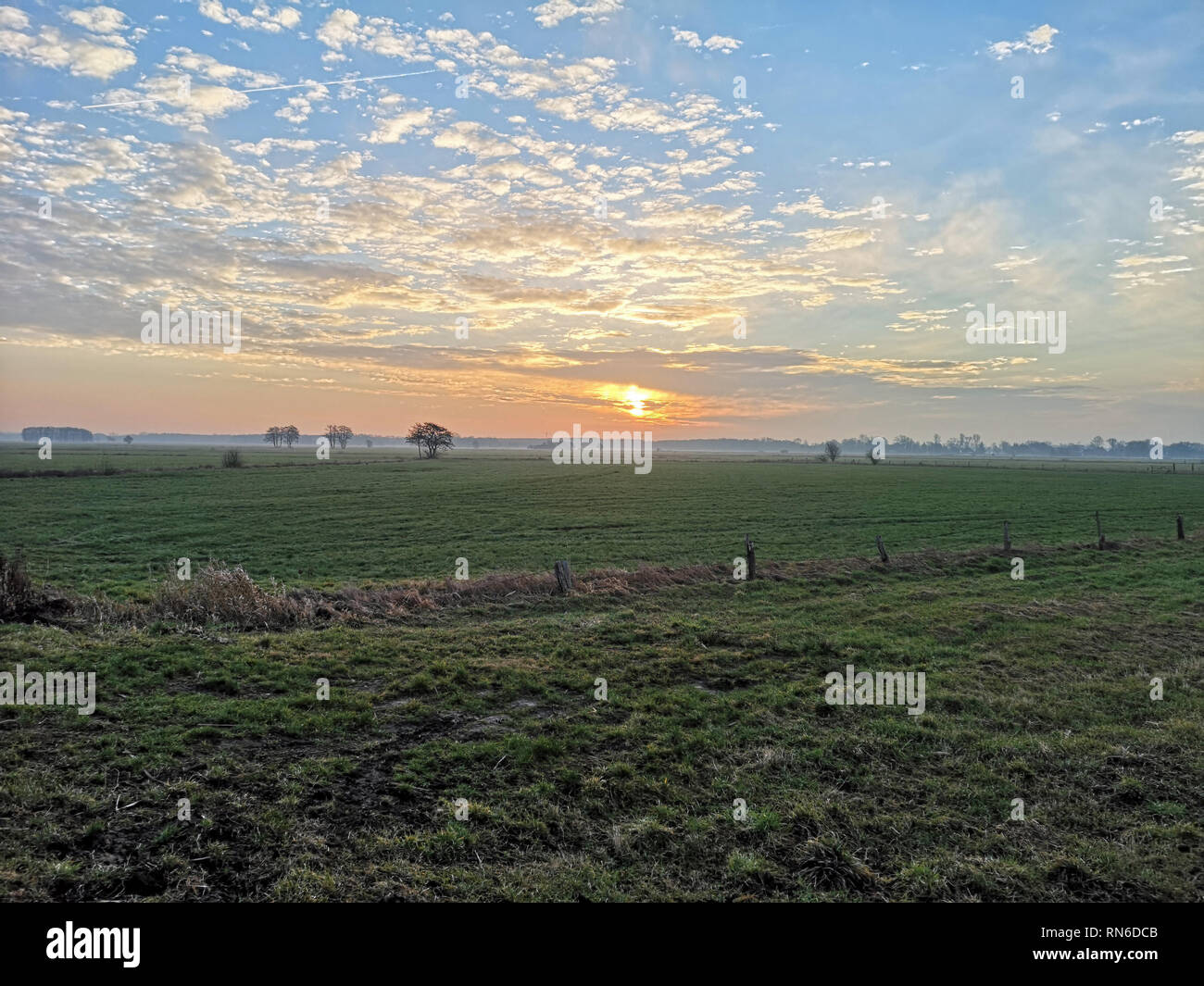 Sonnenaufgang über den Wiesen Stockfoto