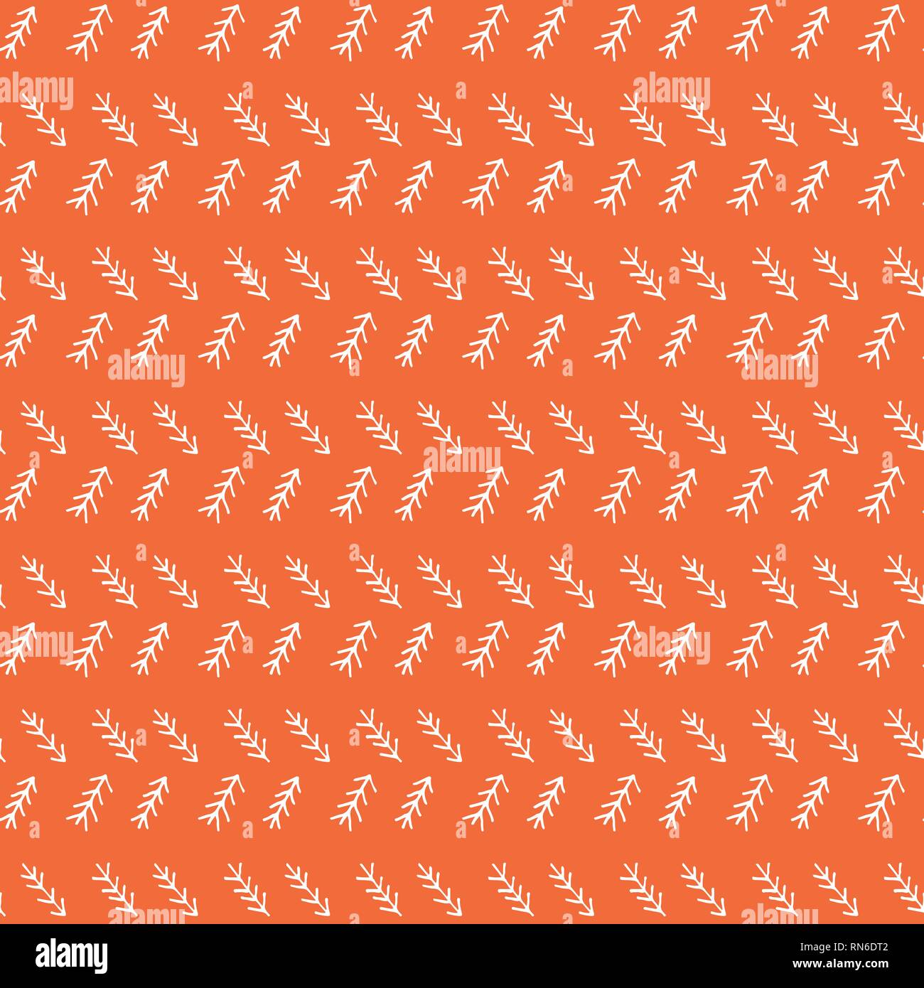 Vektor imitiert Folk fischgrat Nähte nahtlose Muster wiederholen. Die weiße Hand gezeichnet tribal Linien und Streifen, auf orangem Hintergrund. Stock Vektor