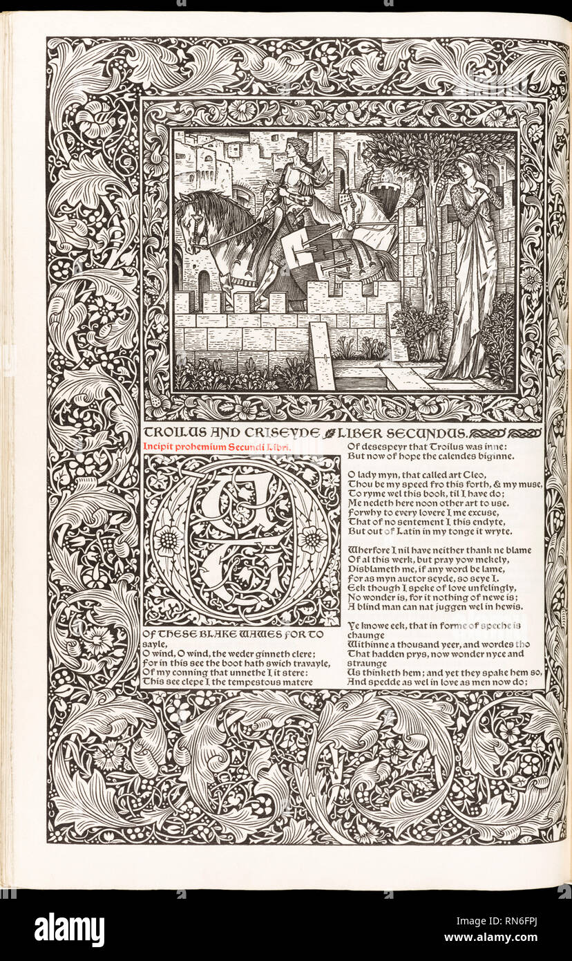 Die Werke von Geoffrey Chaucer (Kelmscott Chaucer) 1896 illustriertes Buch des britischen Künstlers William Morris (1834–1896), gedruckt von Kelmscott Press, mit Holzstichen und komplizierten Entwürfen von Morris und Sir Edward Burne-Jones (1833–1898), gedruckt auf handgeschöpftem Batchelor-Papier. Foto aus einer Originalausgabe der Kelmscott Press. Kredit: Privatsammlung / AF Fotografie Stockfoto