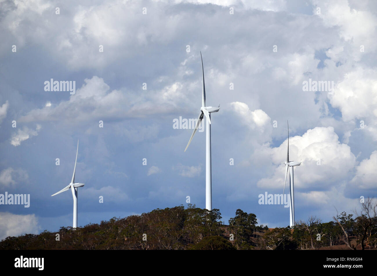 Windenergieanlagen unter einem dramatischen bewölkter Himmel zwischen Goulburn und Yass im ländlichen New South Wales, Australien. Stockfoto