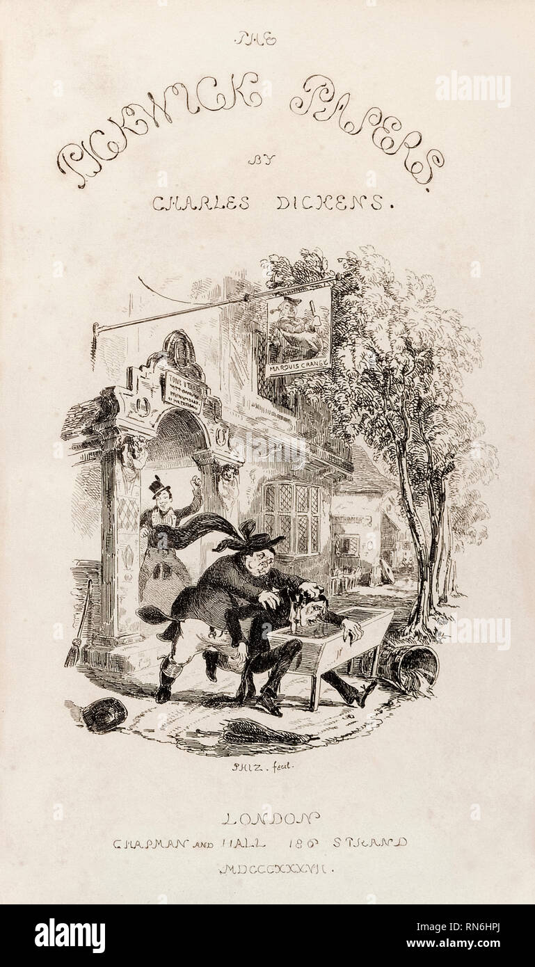 Titel von "Die Posthumen Veröffentlichungen der Pickwick Club" auch bekannt als "The Pickwick Papers" von Charles Dickens (1812-1870) im Jahre 1837 in Buchform veröffentlicht. Illustration von Hablot Knight Browne (1815-1882) alias "Phiz". Stockfoto