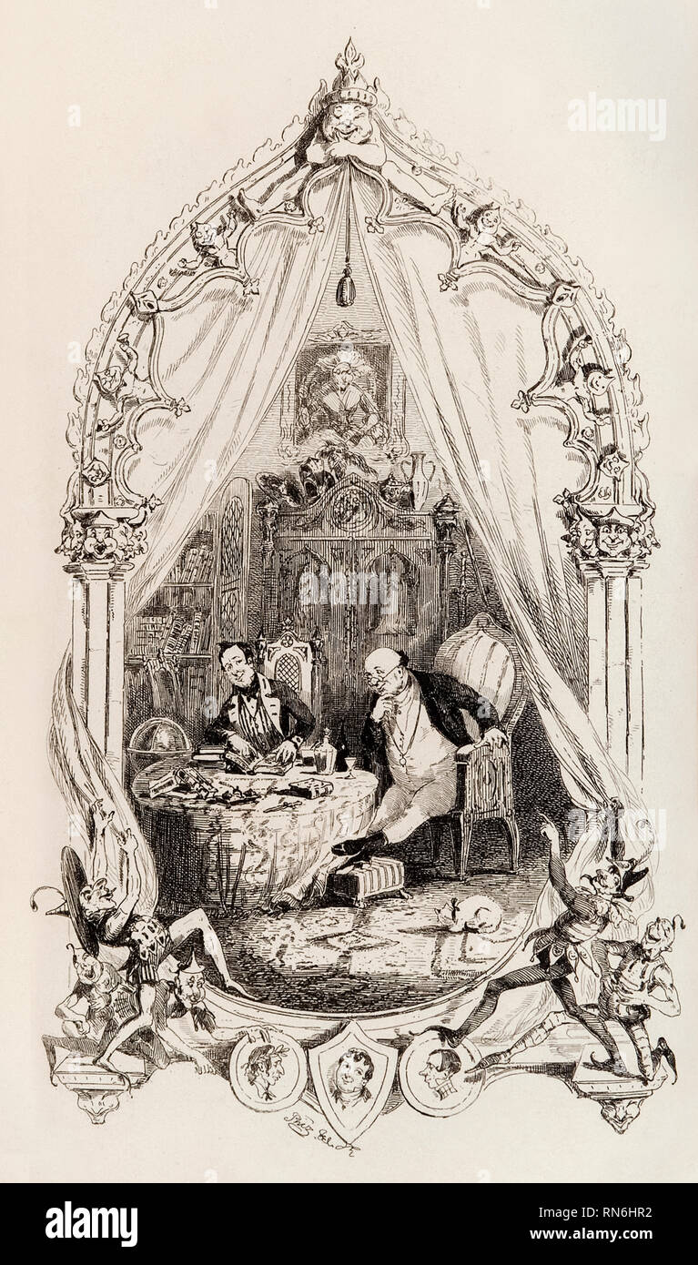 Titelblatt von "Die Posthumen Veröffentlichungen der Pickwick Club" auch bekannt als "The Pickwick Papers" von Charles Dickens (1812-1870) im Jahre 1837 in Buchform veröffentlicht. Illustration von Hablot Knight Browne (1815-1882) alias "Phiz". Stockfoto