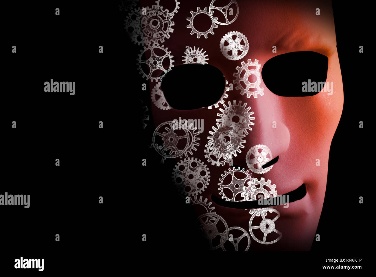 Künstliche Intelligenz Konzeption mit einer Gesichtsmaske und cogs auf schwarzem Hintergrund. Stockfoto
