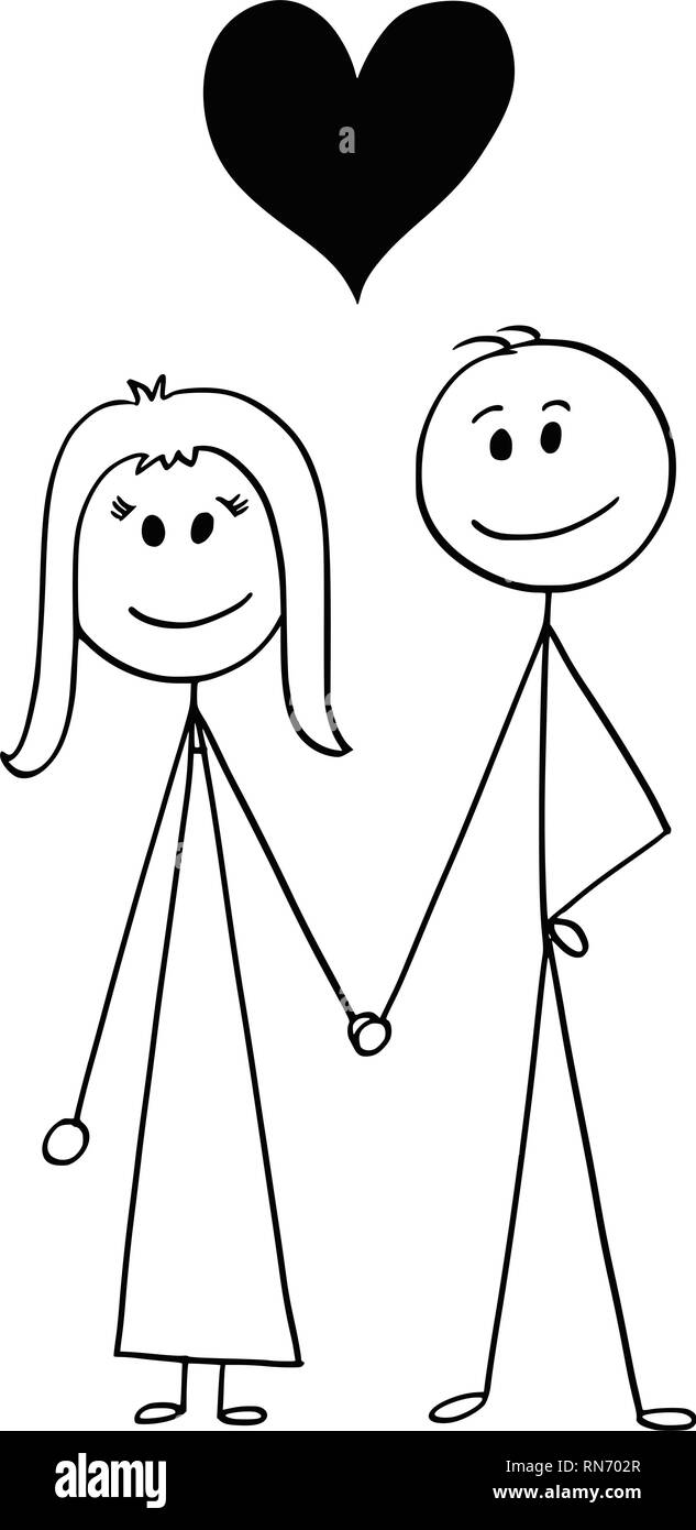 Cartoon von heterosexuellen Paaren von Mann und Frau mit Herz über Ihnen Stock Vektor