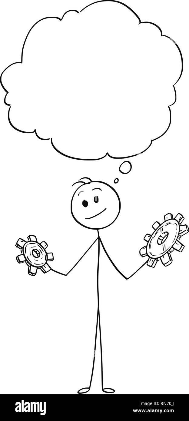 Cartoon von Mann oder Geschäftsmann, die zwei Zahnräder und das Denken an, Problem Stock Vektor
