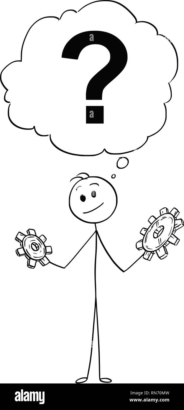 Cartoon von Mann oder Geschäftsmann, die zwei Zahnräder und das Denken an, Problem Stock Vektor