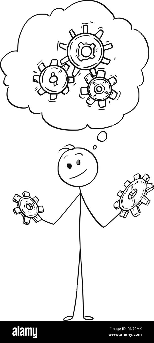 Cartoon von Mann oder Geschäftsmann, die zwei Zahnräder und das Denken an, Problem Stock Vektor