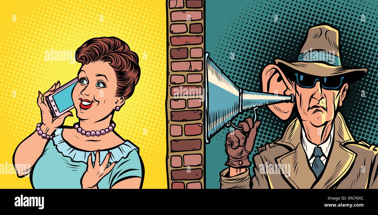 Staatliche Abhörmaßnahmen Gespräche, Spion hört Gespräch am Telefon. Comic cartoon Pop Art retro Vektor Grafik Handzeichnung Stock Vektor