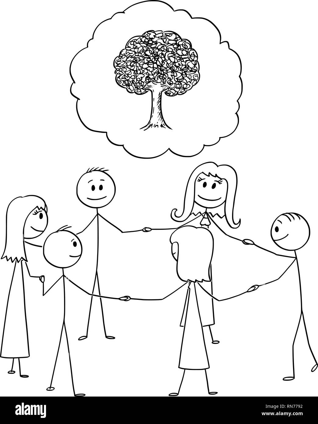 Cartoon von Team oder eine Gruppe von Menschen im Kreis um Baum Bild halten einander die Hände Stock Vektor