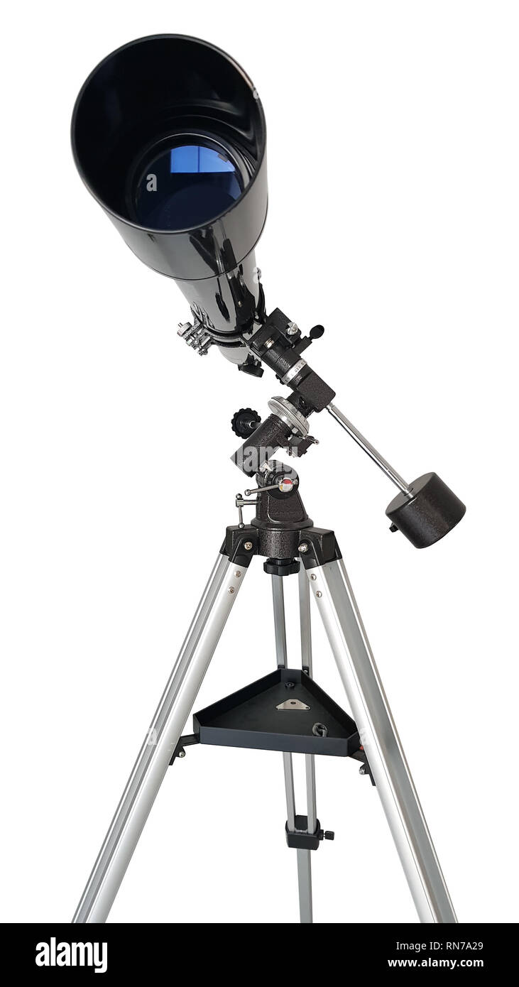 Teleskop in der Ansicht von vorn, auf weißem Hintergrund Stockfoto