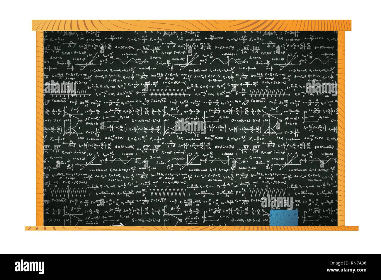 Schwarze Schule Blackboard in Holzrahmen mit viel Kreide mathematische Berechnungen und schwamm im Regal auf Weiß Stock Vektor