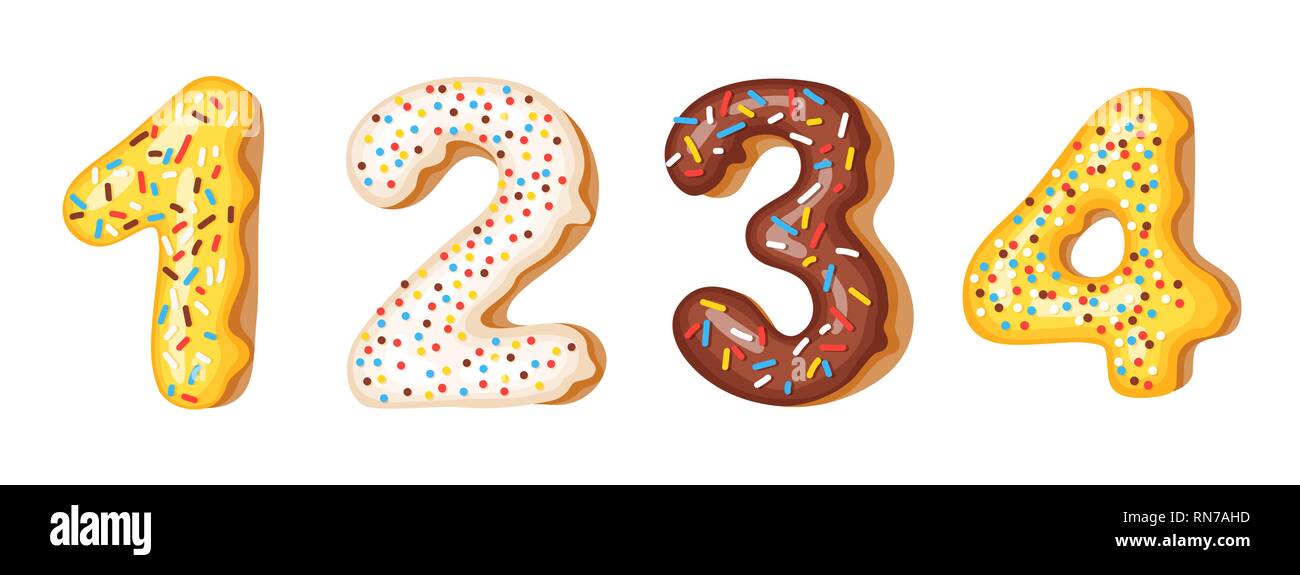 Donut Vereisung Nummern Ziffern - 1, 2, 3, 4. Font von Donuts. Bäckerei süße Alphabet. Donut Alphabet latters A B C auf weißem Hintergrund Stock Vektor