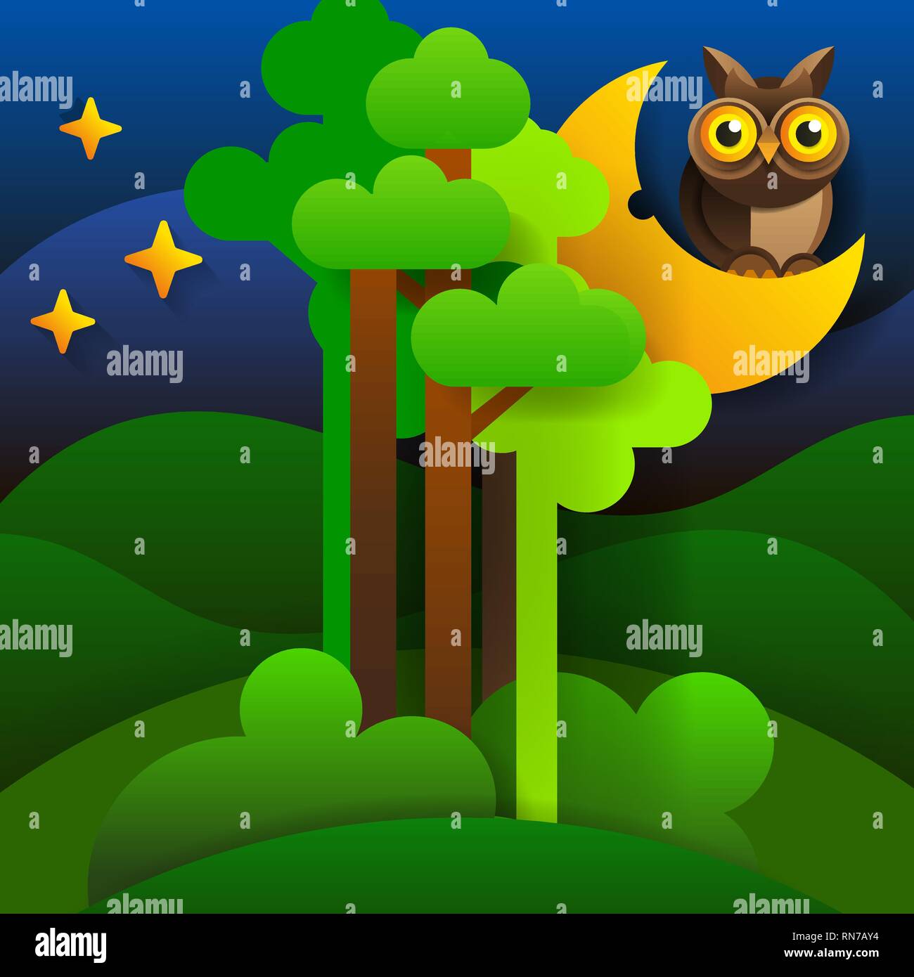 Waldlandschaft. Silhouette der Wald am Nachthimmel. Vector Illustration. Stock Vektor