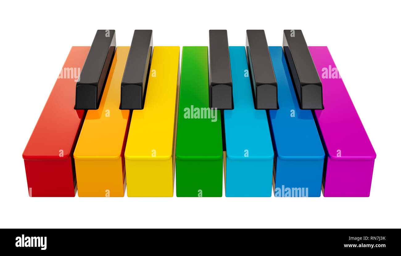 Piano farbige Tastatur, Musik Konzept. 3D-Rendering auf weißem Hintergrund Stockfoto