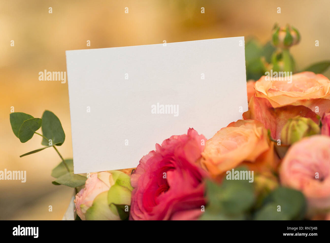 Blumenarrangements, vorliegenden Konzept. In der Nähe der leeren weißen Karte in Blumenstrauß. Stockfoto