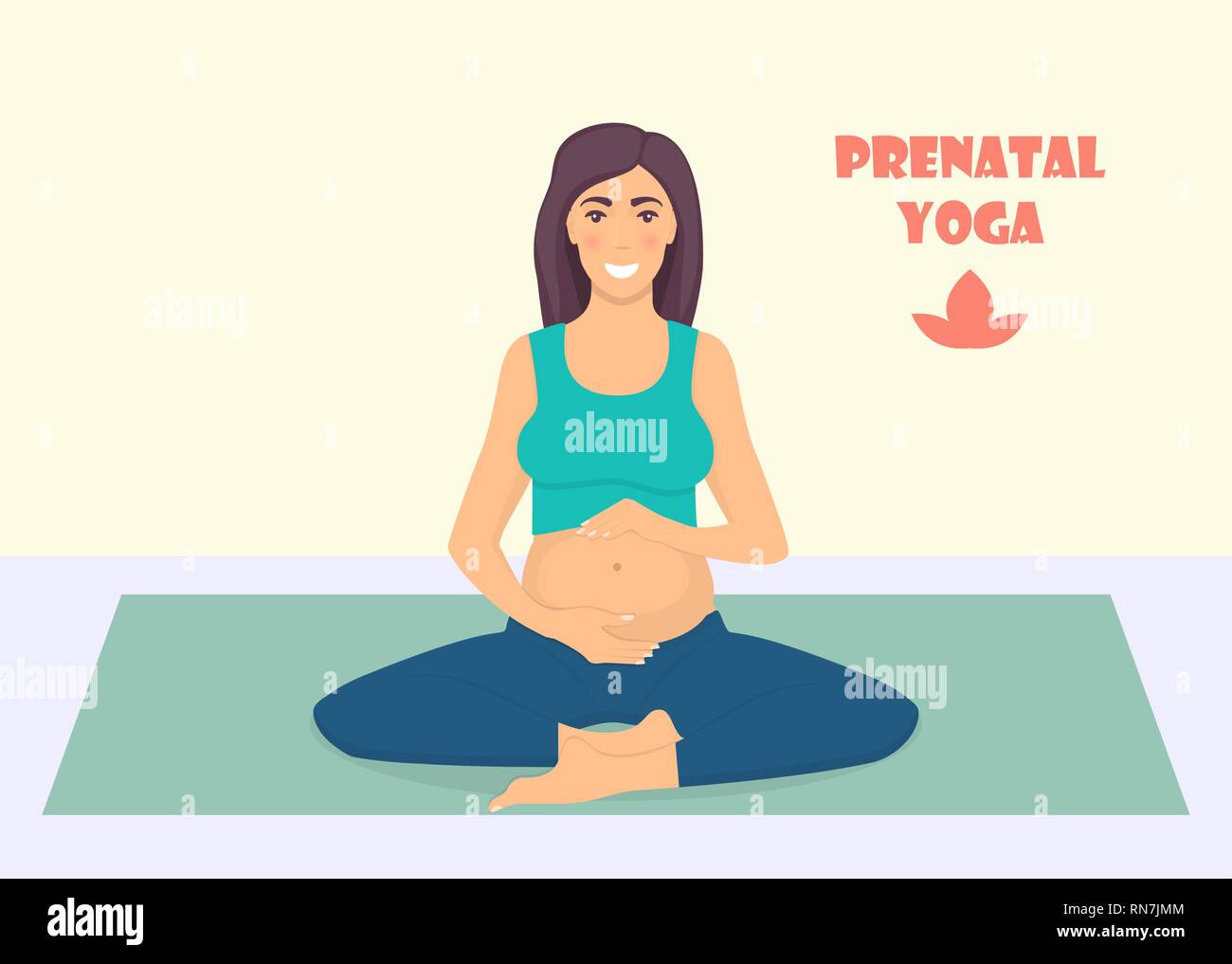 Schwangeren Yoga Übungen auf der Matte. Schwangere Frauen in Lotos dar. Schwangerschaftsyoga. Vector Illustration im flachen Stil Stock Vektor