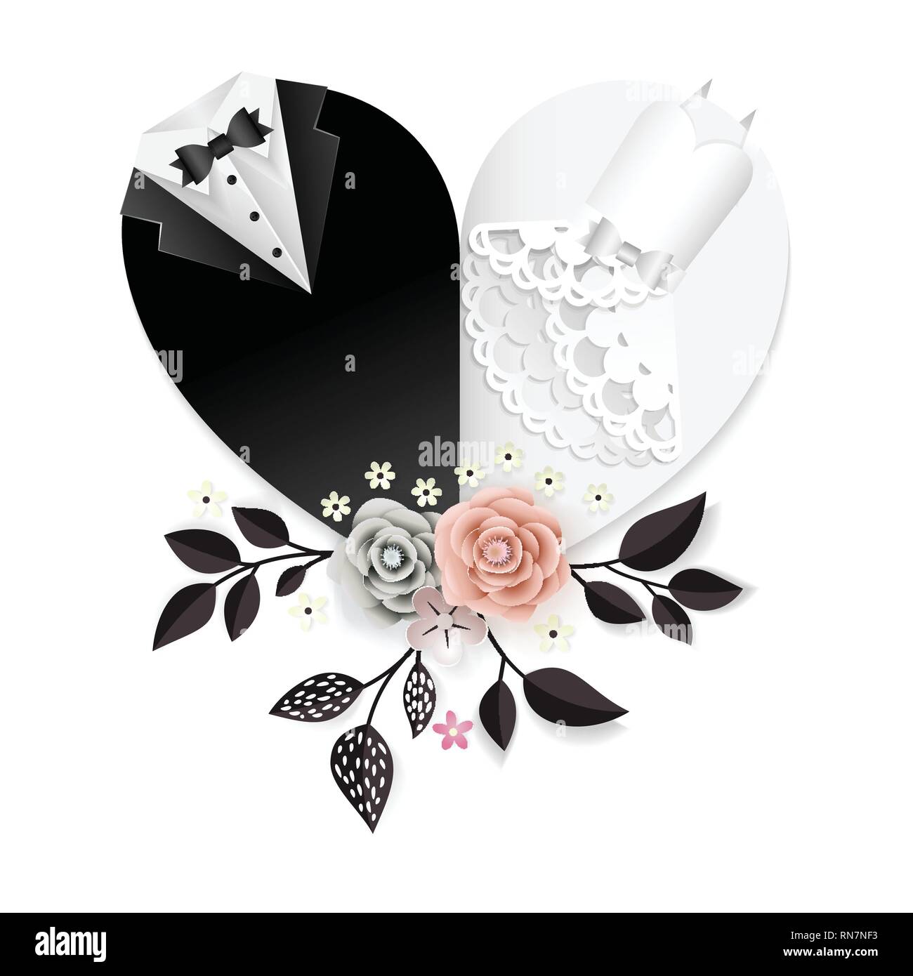 Hochzeit Karte mit Papier Blüten und Herzen Form Kleidung für Braut und Bräutigam Stock Vektor
