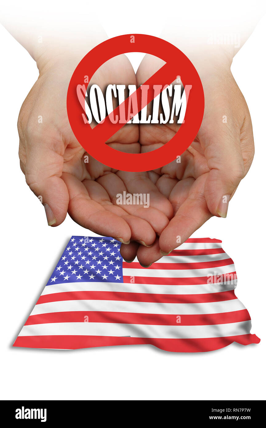 Kein Sozialismus in Amerika mit amerikanischer Flagge schwenken. Stockfoto