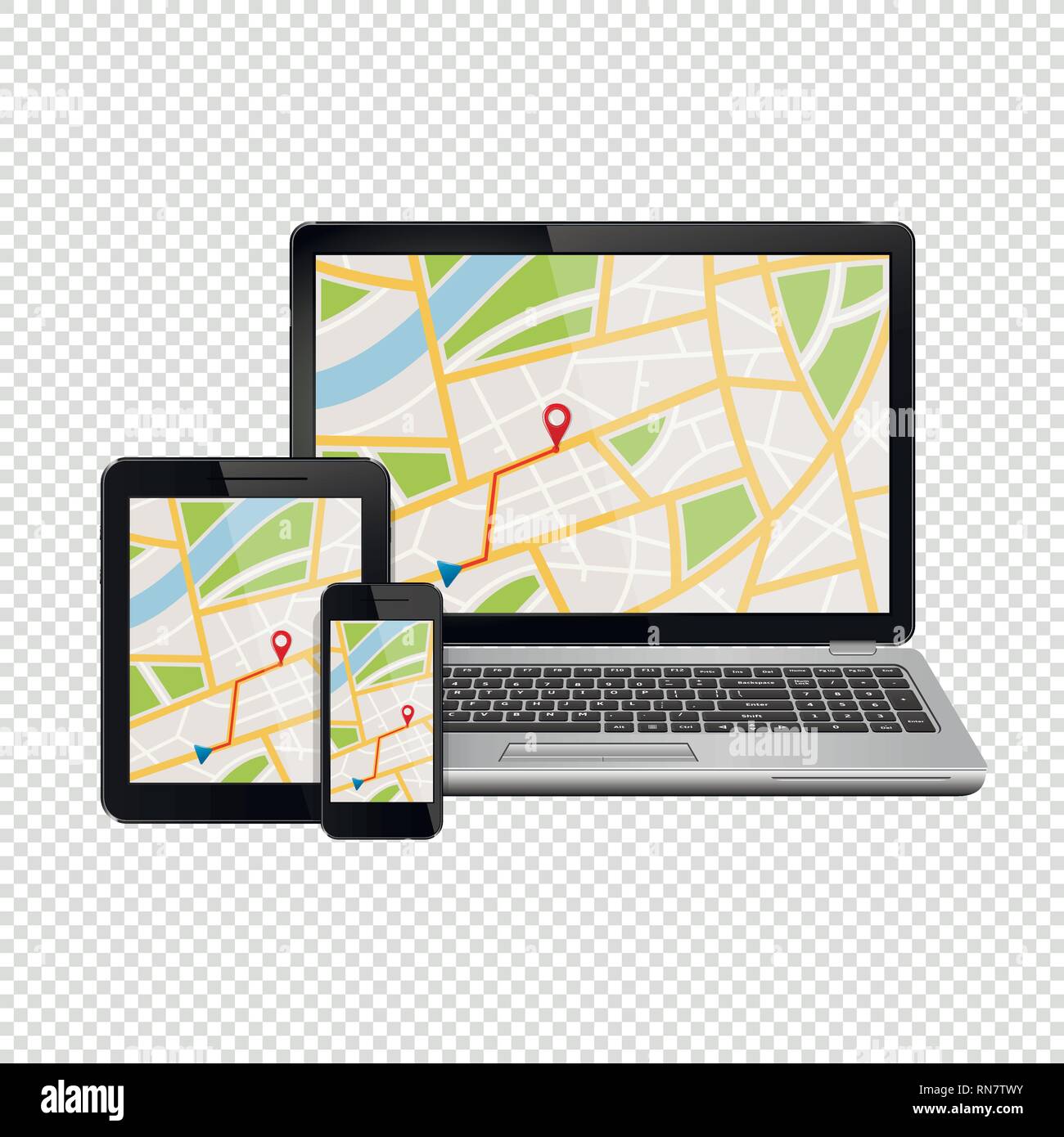 GPS Navigation Karte auf dem Display der modernen digitalen Geräte auf transparentem Hintergrund isoliert Stock Vektor