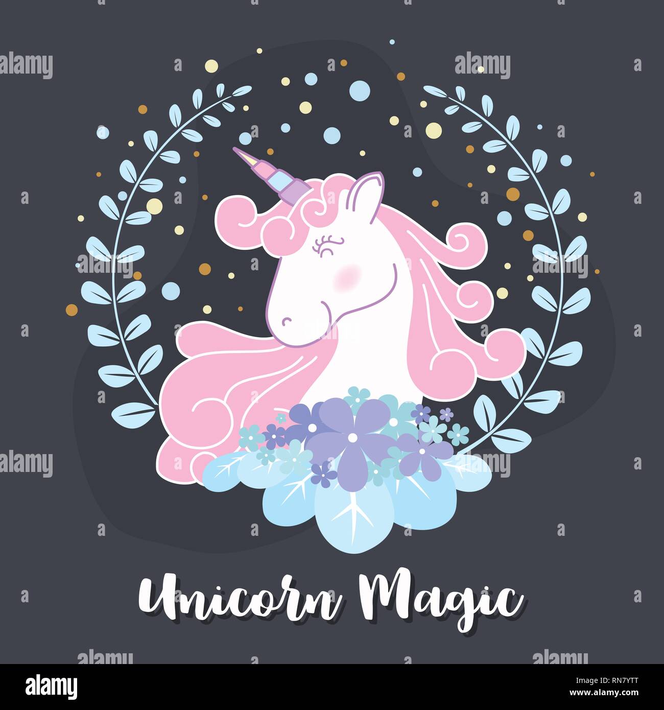 Süße Einhorn und Blumenkranz illustration Design. Vector Illustration Stock Vektor