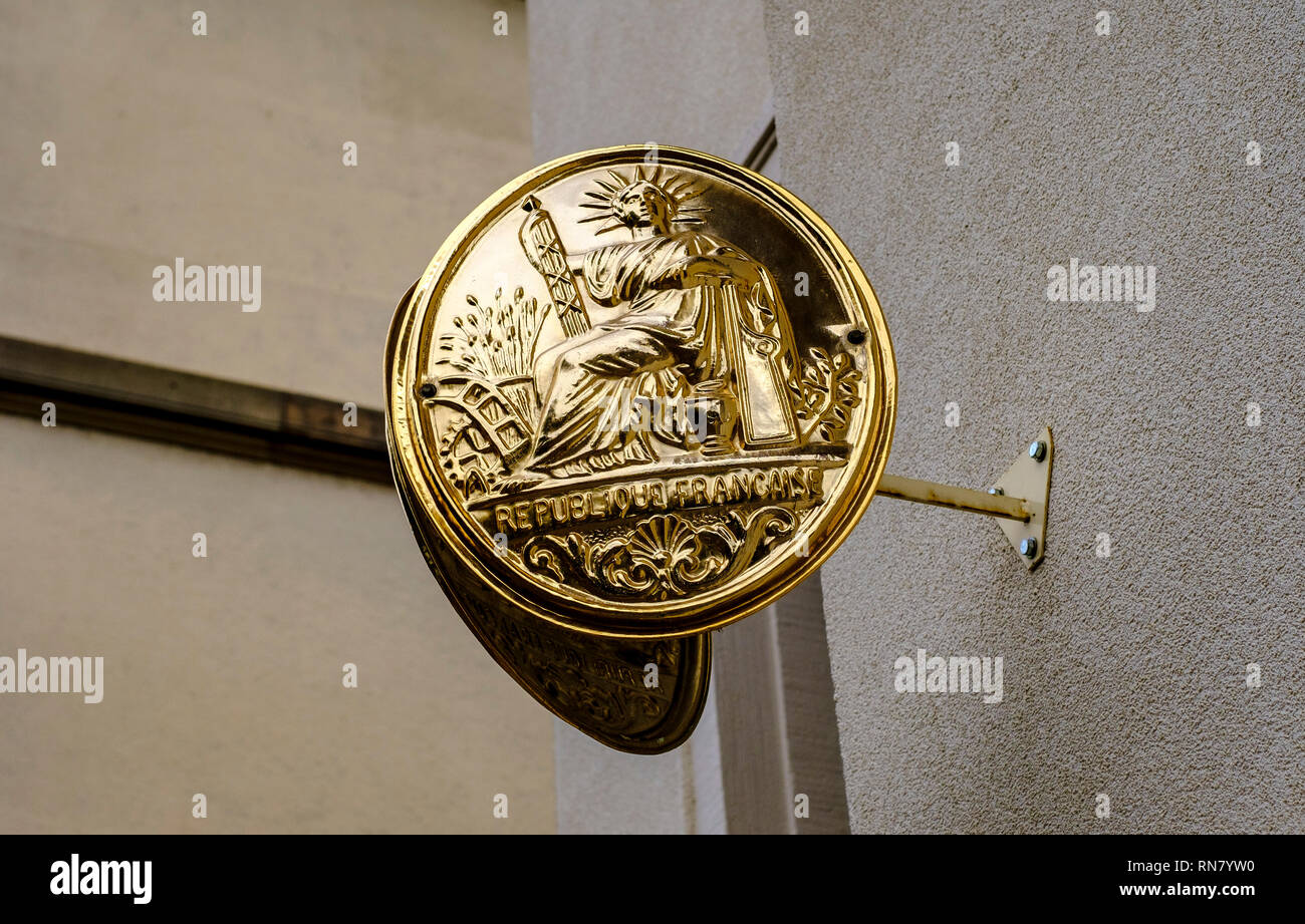 Elsass, Frankreich, offizielle französische Notarbehörde Zeichen République Française Inschrift, Europa, Stockfoto
