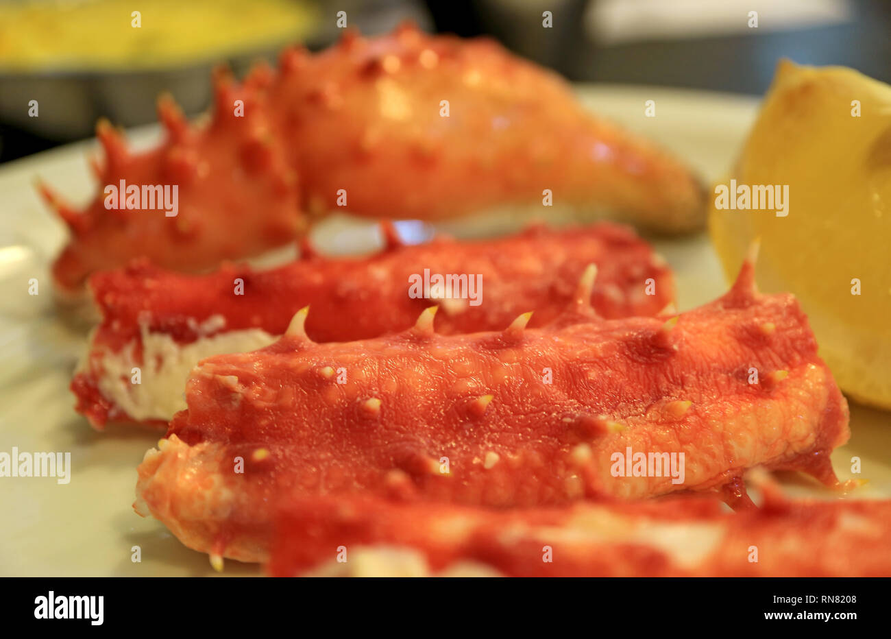 Geschlossen bis Mouthwatering King's Crab Bein Fleisch, die berühmte Gericht von Ushuaia, Feuerland, Argentinien Tiera Stockfoto