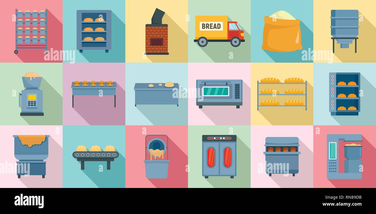 Bäckerei factory Symbole gesetzt. Flache Satz von Bäckerei factory Vector Icons für Web Design Stock Vektor