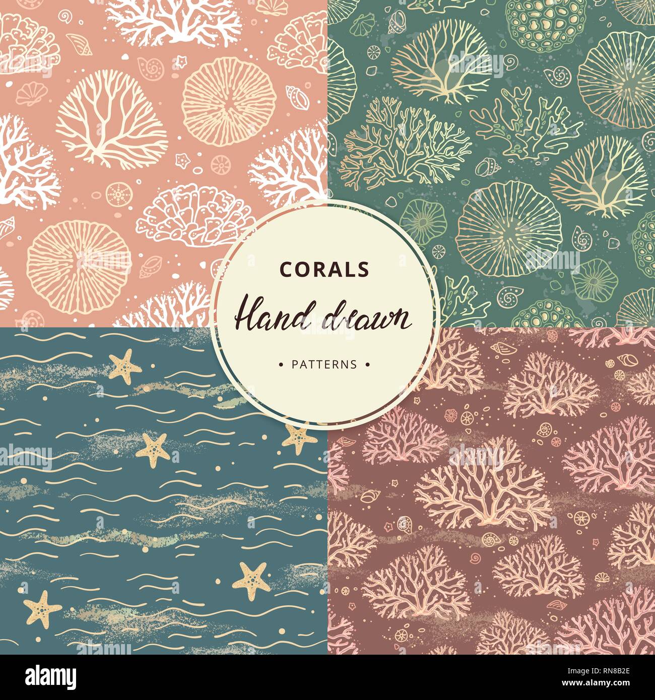 Eine handgezeichnete Sammlung von Korallen und Meer nahtlose Muster mit zusätzlichen Elementen in verschiedenen Farben. Stock Vektor