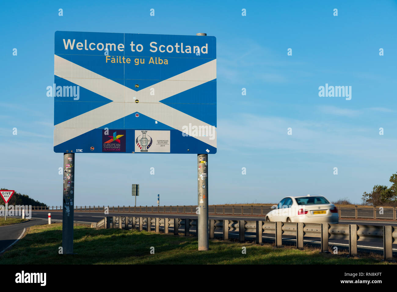 Schild an der schottischen Grenze auf einer 1 an den Grenzen und Northumberland, Großbritannien Stockfoto