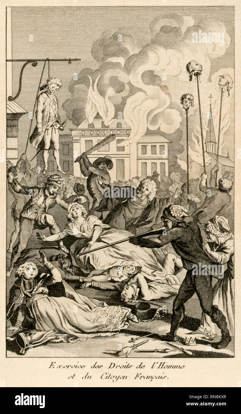 Frontispiece zeigt die Herrschaft des Terrors aus Les Crimes Constitutionnels de France ou La Désolation Francaise (die Verbrechensverbrechen Frankreichs oder die französische Wüste) anonymes Werk über die Französische Revolution, veröffentlicht 1792. Gravur, die Chaos, Gewalt und Hinrichtungen während der Periode radikaler Veränderungen veranschaulicht. Foto aus einem Original-Buch aus dem Jahr 1792. Kredit: Privatsammlung / AF Fotografie Stockfoto