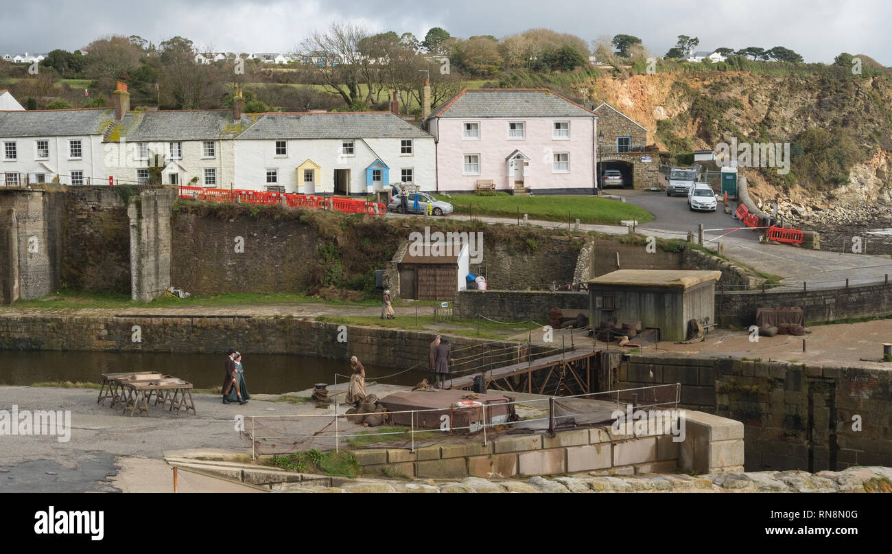 Dreharbeiten von Poldark in Charlestown, Cornwall, England Stockfoto