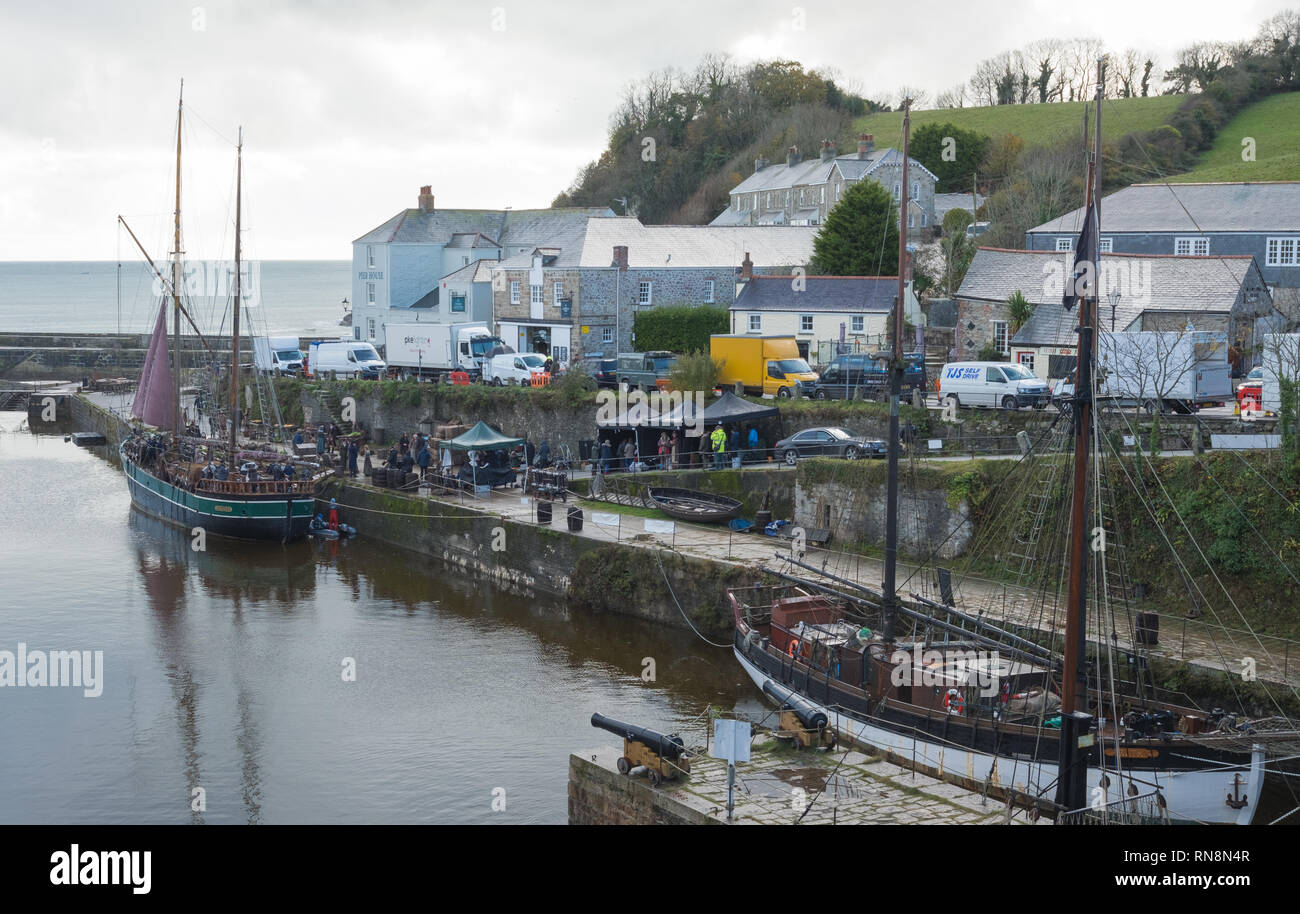 Dreharbeiten von Poldark in Charlestown, Cornwall, England Stockfoto
