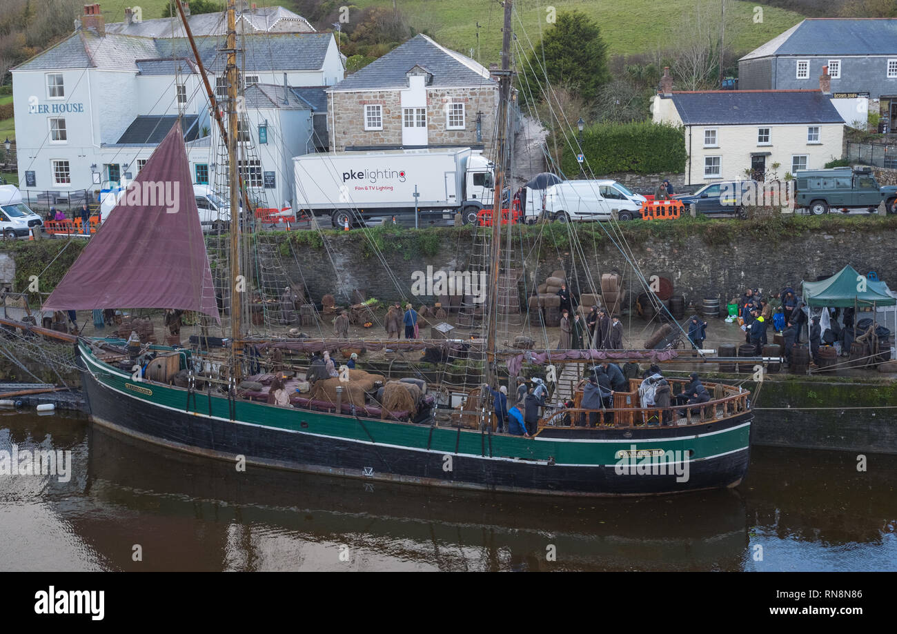 Dreharbeiten von Poldark in Charlestown, Cornwall, England Stockfoto