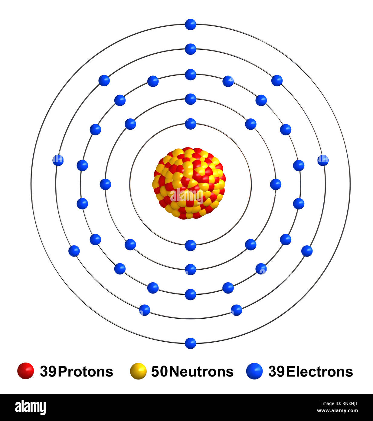 3D-Render von Atom Struktur von Yttrium auf weißem Hintergrund Protonen isoliert sind als rote Kugeln, Neutronen als gelbe Kugeln, Elektronen wie dargestellt Stockfoto