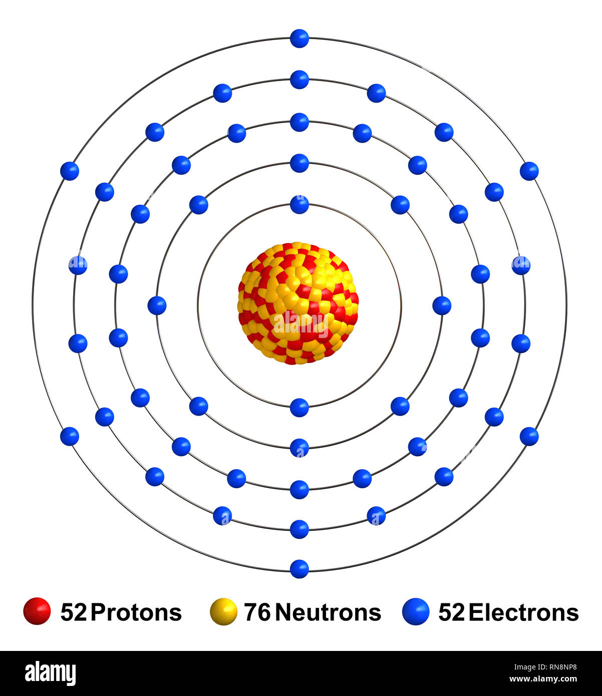 3d Render Von Atom Struktur Von Tellur Auf Weissem Hintergrund Protonen Isoliert Vertreten Sind Als Rote Kugeln Neutronen Als Gelbe Kugeln Elektronen Ein Stockfotografie Alamy