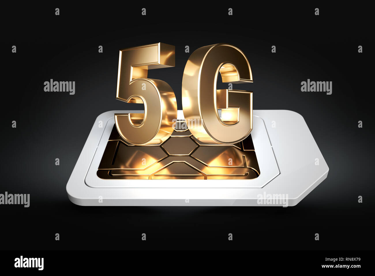 Golden 5 G Zeichen auf der SIM-Karte auf schwarzem Hintergrund isoliert. High speed mobile web Technologie. 3D-Rendering Stockfoto