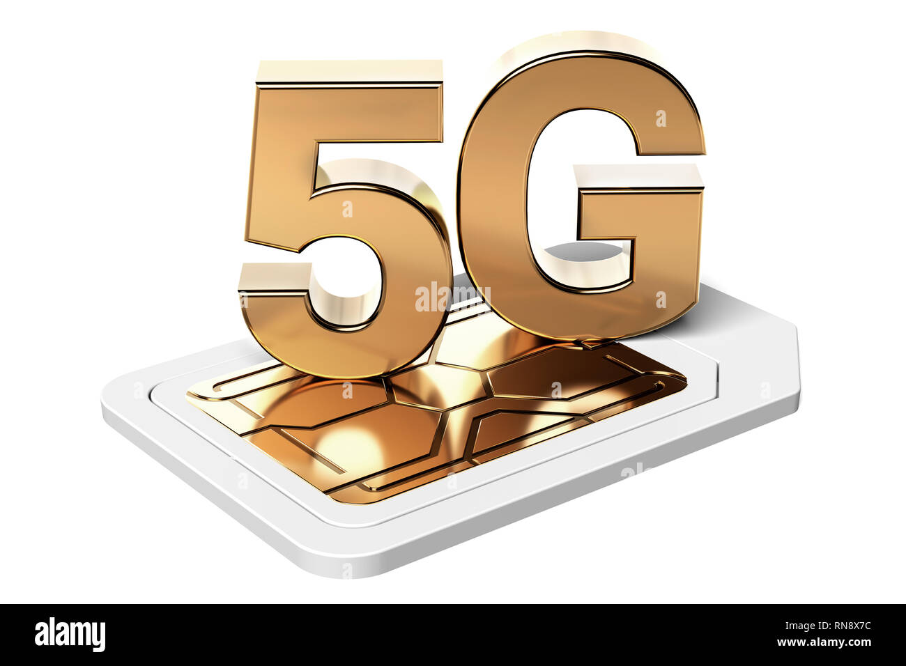 Golden 5 G Zeichen auf der SIM-Karte auf weißem Hintergrund. High speed mobile web Technologie. 3D-Rendering Stockfoto