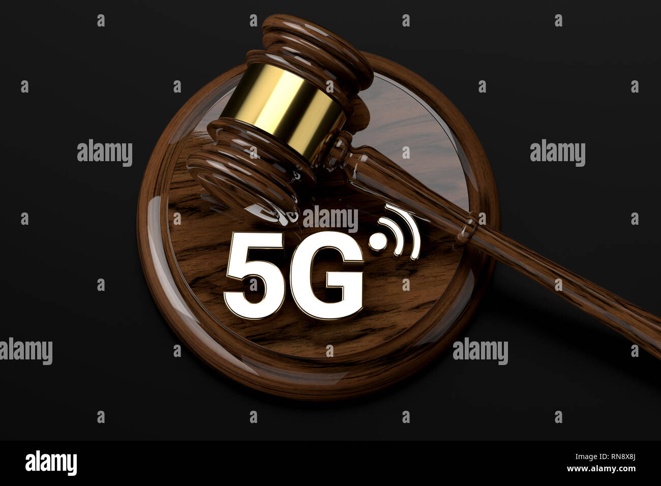 Richter Hammer und 5G Symbol. High speed Netzwerk und rechtliches Konzept. 3D-Rendering Stockfoto